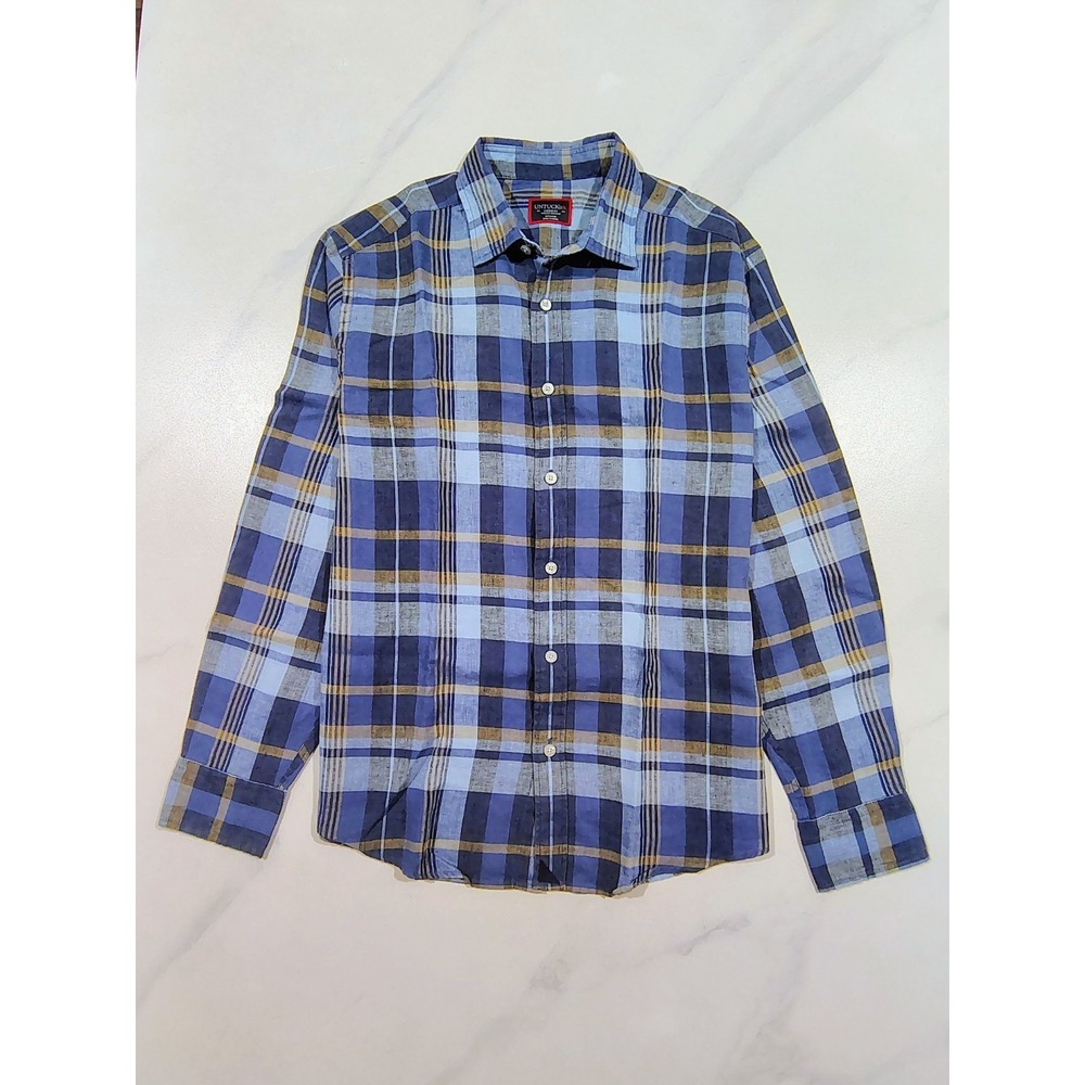 UNTUCKit Men's Linen Shirt Medium Blue Plaid Wrinkle Resistant  Long Sleeve